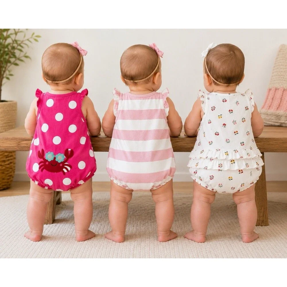 Set Lot of 3 Baby Girl Bubble Romper Outfit Summer Cotton 6m Snail Crab Flowers